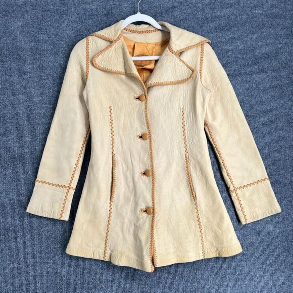 Vintage North Beach Leather Jacket Cream Whipstitch Button Up Hippie Pockets